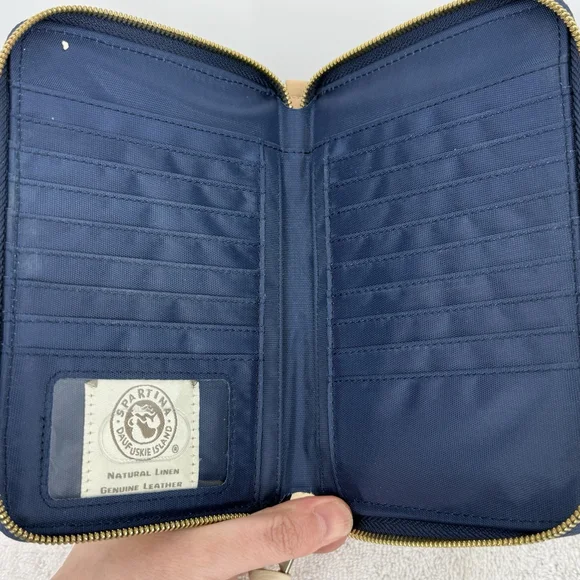 Spartina 449 Leather Canvas Clutch Zip Around Wallet Phone Pocket blue geo 8x5” - Picture 4 of 5